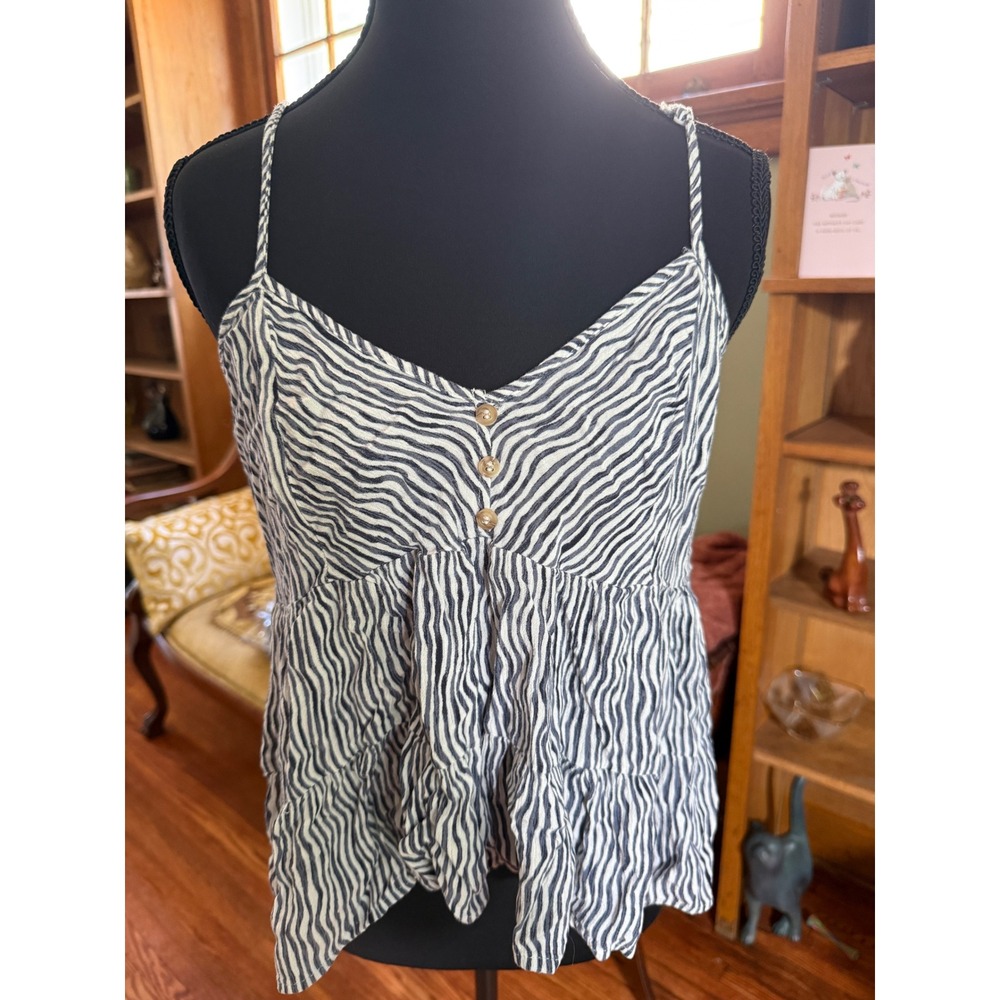Chance Women Navy White Wavy Stripe Tiered Babydoll Cami Top Smocked Back Large